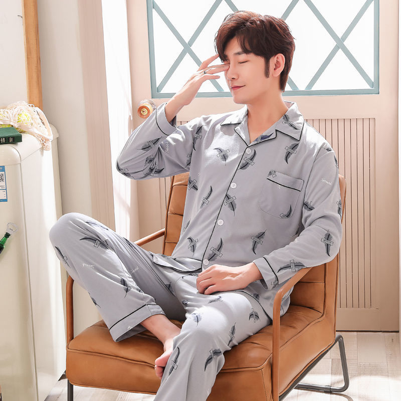 Pijamas de primavera y otoño de algodón de manga larga para hombres pijamas de otoño e invierno para hombres jóvenes de mediana edad delgada día de verano traje de uso doméstico