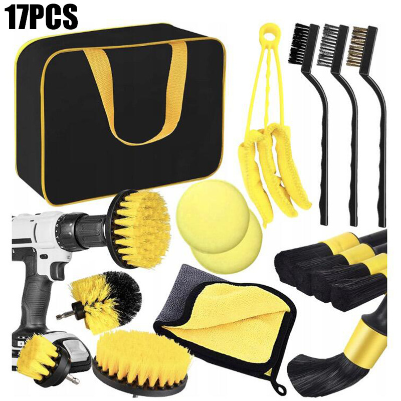 Cross-border hot sale 17-piece electric drill brush car wash clean suit car tire interior details brush combination suit