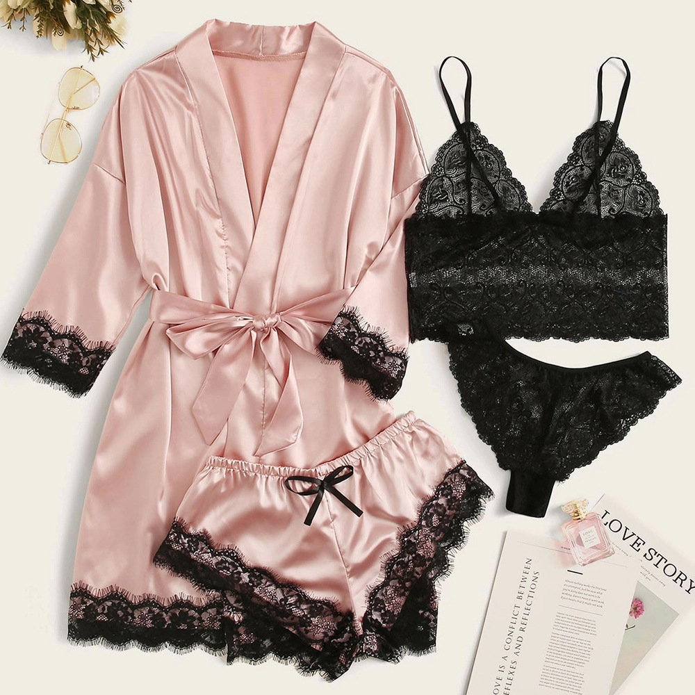 New European and American women's pajamas 4-piece lace satin sling pajamas set with nightgown underwear nightgown