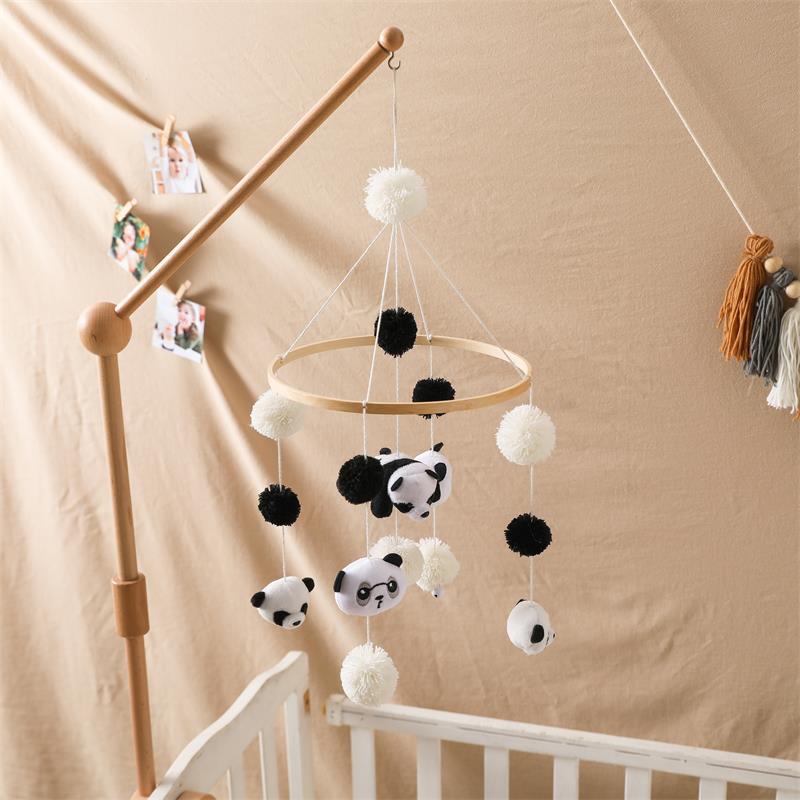 嬰兒木質床鈴床頭搖鈴可旋轉黑白熊貓泰迪熊懸挂式寶寶安撫玩具