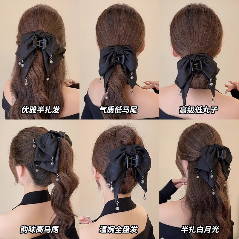 Agujero de diamante negro agarrando clip de arco para mujeres de estilo francés de alto nivel, clip de cabello para el cerebro trasero, clip de pescado para el cabello