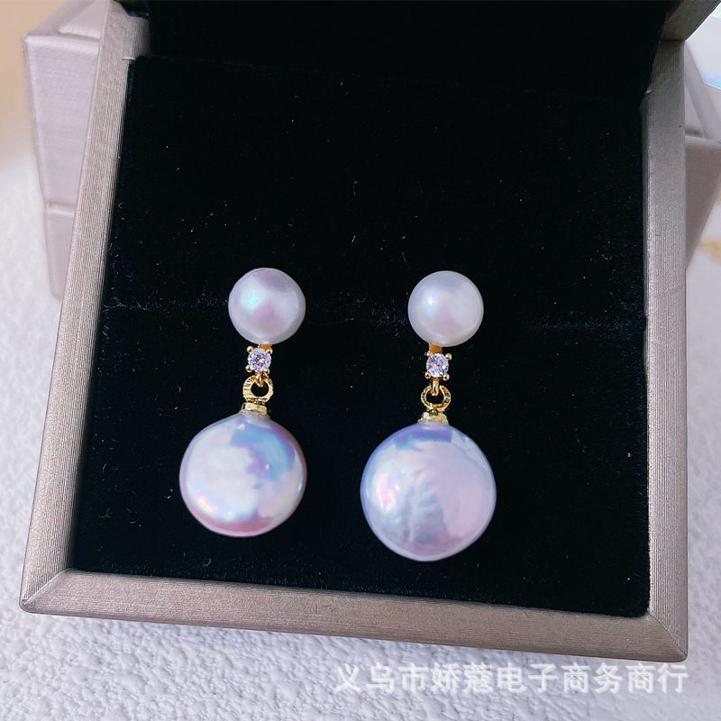 천연 진주 버튼, 바로크 라운드 귀걸이, 특별한 모양의 가벼운 럭셔리 광택 실버 바늘 귀걸이, 고급 목걸이 및 반지