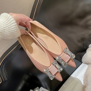 2873-K72 Light Luxury Banquet Flat Shoes European and American Style Satin Mouth Pointed Metal Diamond Buckle Single Sho