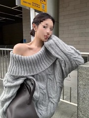 法式学院慵懒风气质高级设计感针织一字领露肩长袖休闲百搭毛衣潮