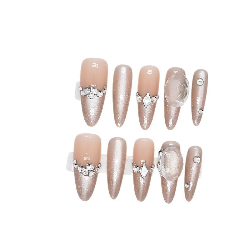 10 piezas de uñas hechas a mano piezas de uñas terminadas al por mayor desmontables ojos de gato plateados transparentes franceses perforación larga almendra
