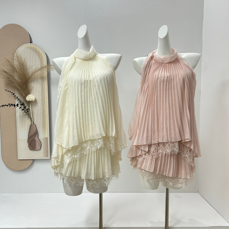 服の女性の夏のスーツ白い雲甘い愛サマースタイルレースホルターネックノースリーブトップシフォンツーピースセット2025新しいスタイル|undefined