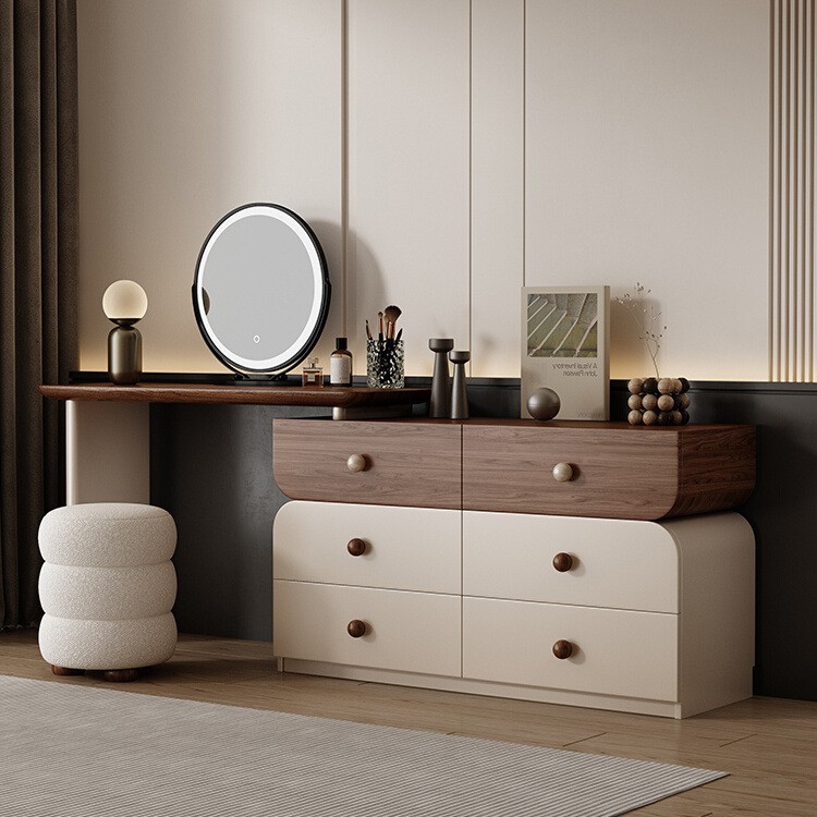 Dressing Table and Cupboard Integrated Solid Wood Dressing Table Bedroom Bedside Storage Cabinet Wabi-Sabi Nordic Modern Light Luxury Cream Style