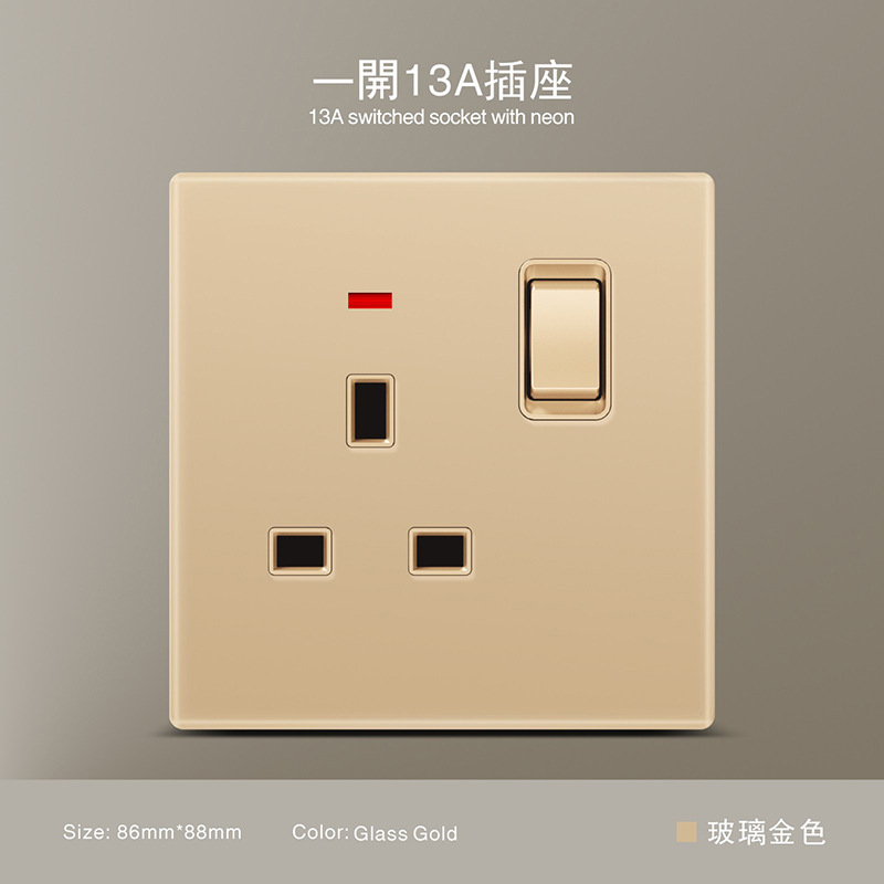 Estándar británico 250V conmutador 13A socket panel de vidrio oro pared sudeste asiático conmutador de alta calidad socket