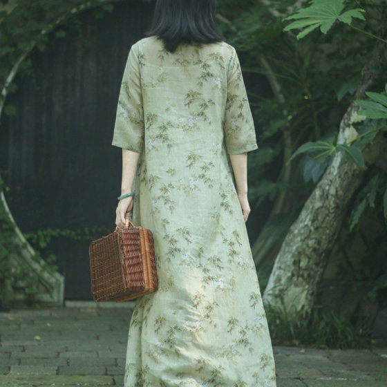 National Style Chinese Style Vintage Printed Modified Cheongsam Women's Summer Mid-Sleeve Vertical Collar Cotton Linen Artistic Super Fairy Dress for dress