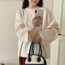 宽松慵懒风圆领套头毛衣女秋冬新款韩系设计感纯色百搭纯色针织衫