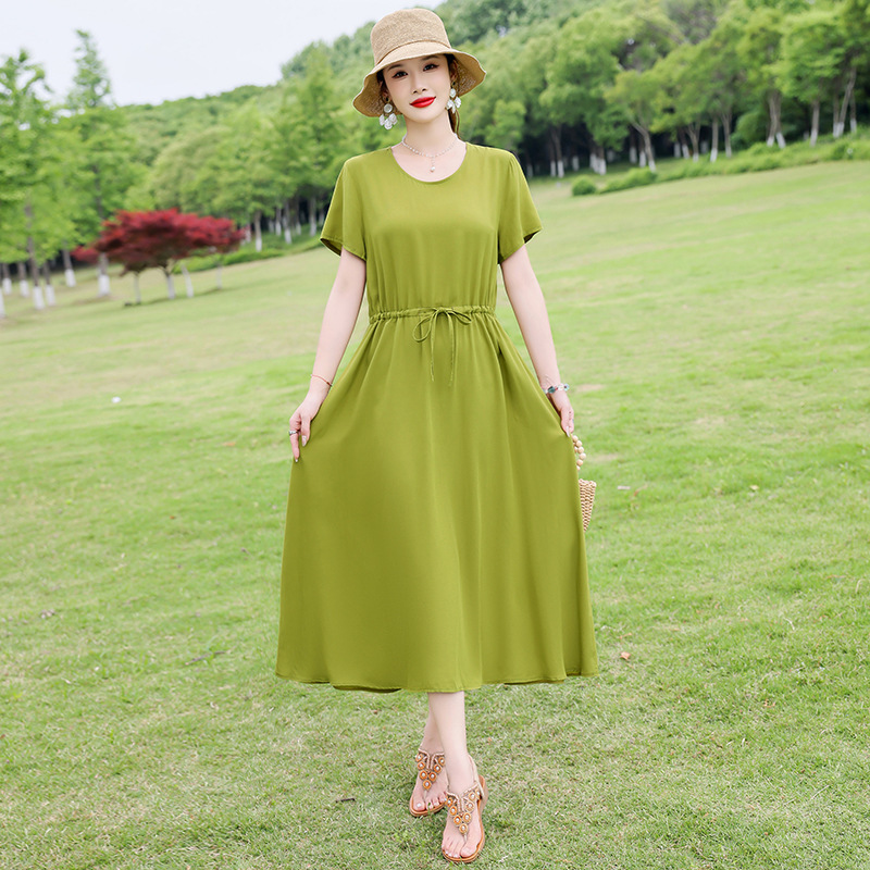 中高年向けの新しい綿シルクドレス、夏の若いスタイル、中年母親の花柄ロングスカート、エレガントなアウターウェア|undefined
