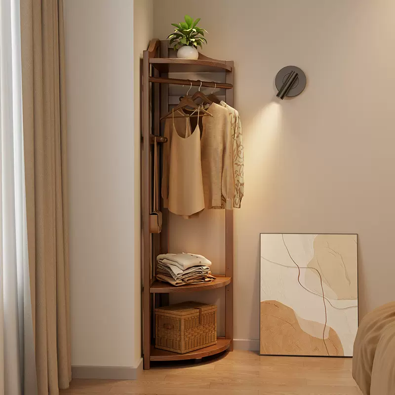 实木转角衣帽架落地卧室挂衣架简易置物架家用拐角挂衣服架子