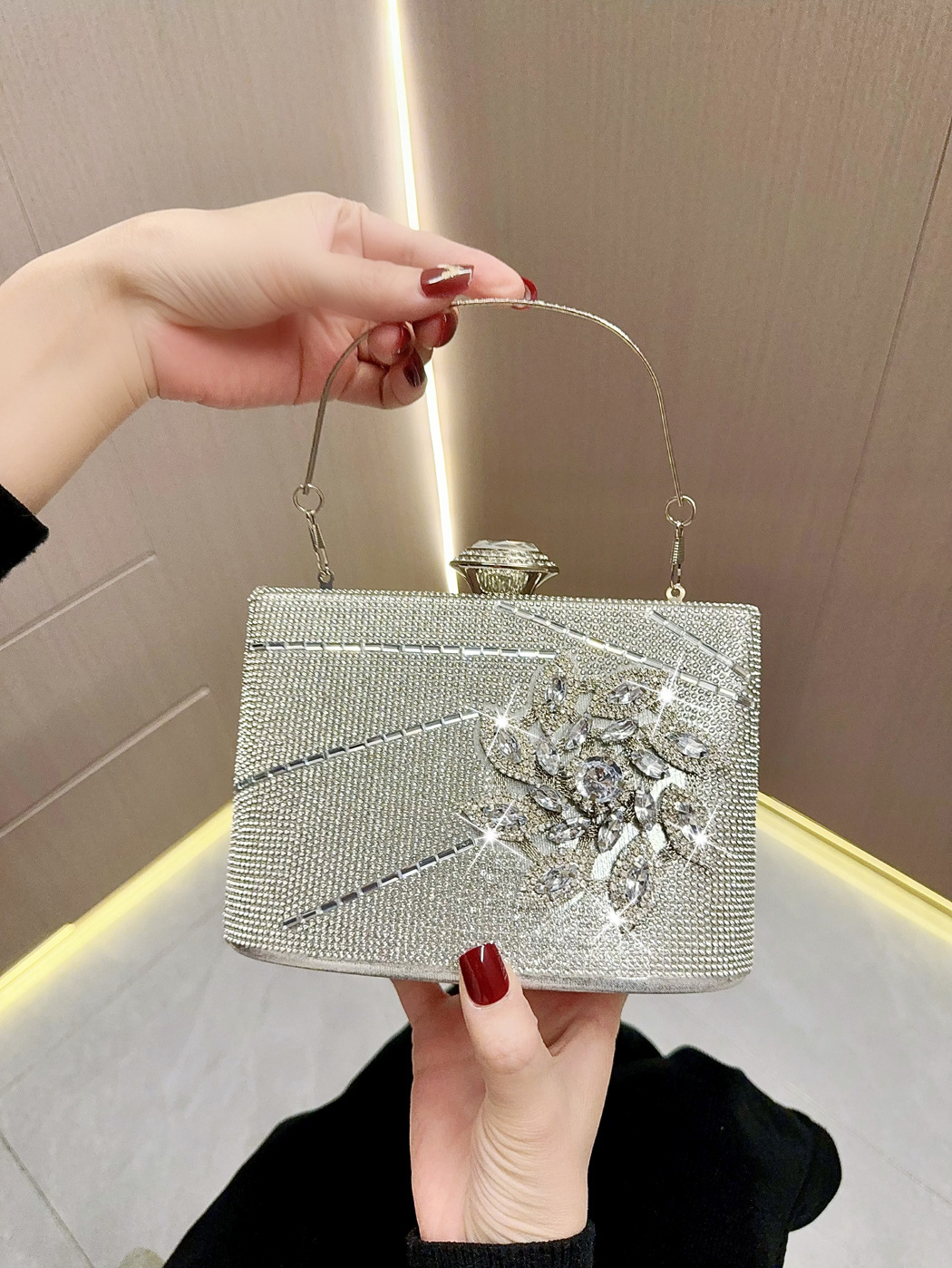 Silver Polyester Solid Color Square Evening Bags display picture 8