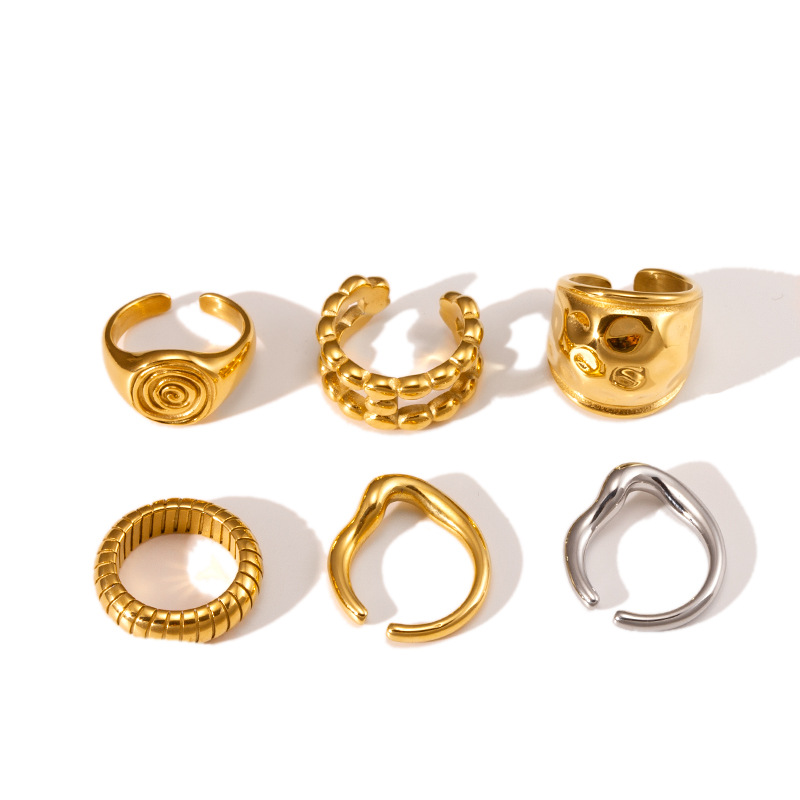 12g Weight PVD Coated Gold Plating Process Real Gold Plated Plating Material Open Rings Classification One Size Ring Size 1 Piece Quantity Holiday, Daily Occasion 304 Stainless Steel Material Geometric Pattern Women's Gender Retro Style Wholesale Jewelry Retro Geometric 304 Stainless Steel 18K Gold Plated Open Rings 1