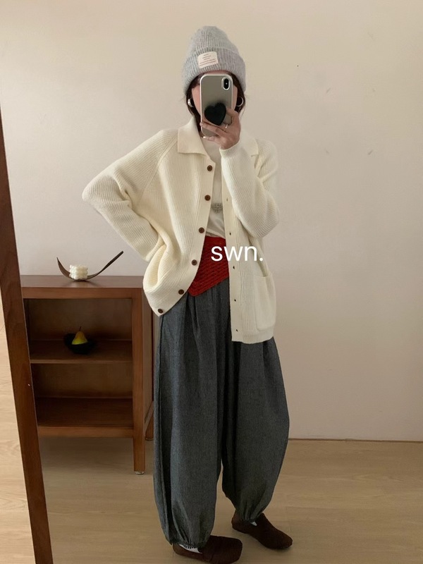 韩系上衣软糯翻领单排扣针织开衫女秋冬新款宽松加厚口袋毛衣外套|undefined