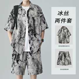 男士港风春季滑料冰丝男短袖衬衫短裤沙滩两件套衬衣短裤休闲套装