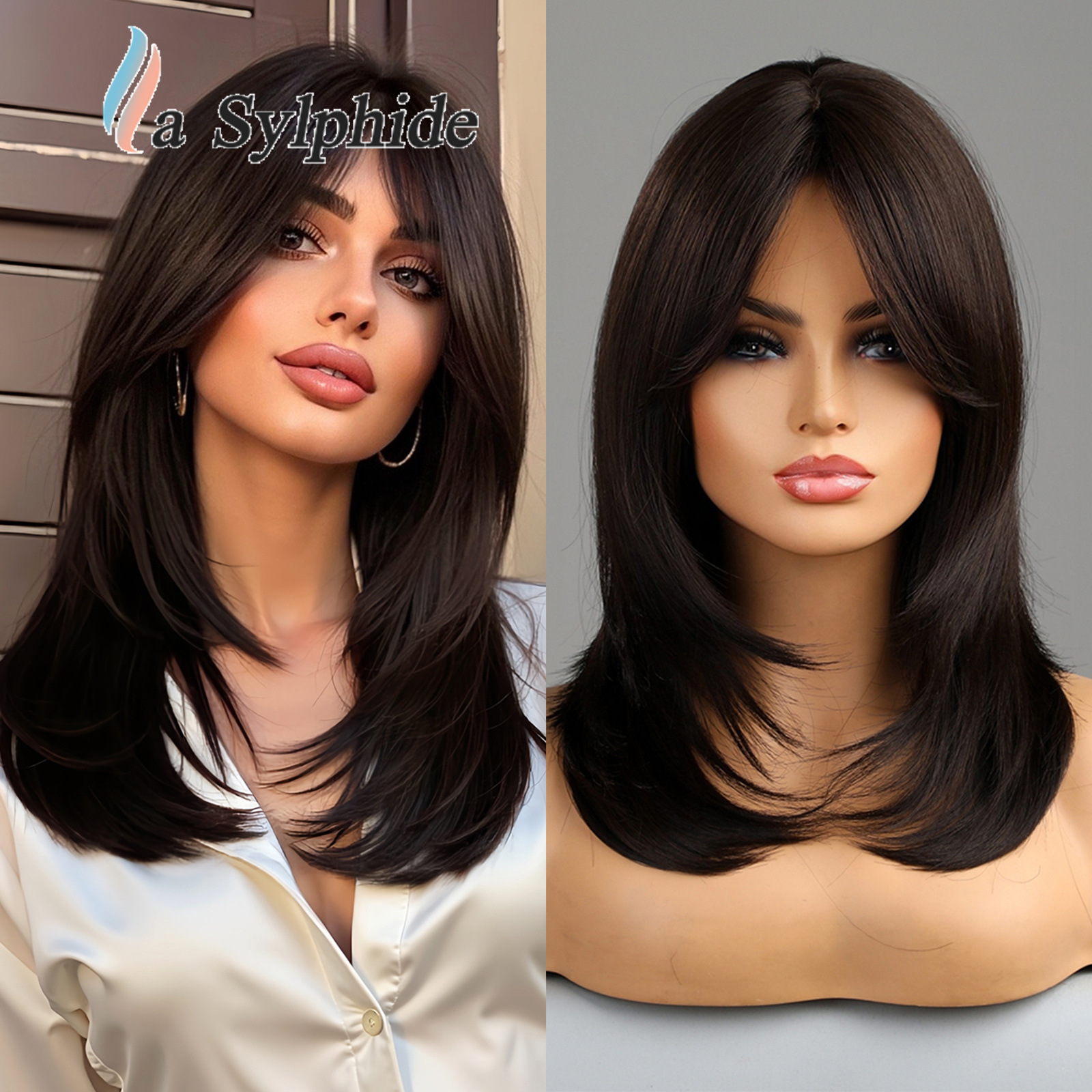 Marrón degradado dorado medio largo pelo recto hebilla interior Comercio exterior al por mayor ocho caracteres flequillo peluca hembra pelo completo cabeza cubierta pelucas