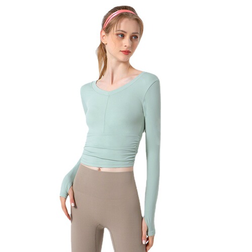 Spring and summer new yoga long-sleeved cloud skin-friendly tight-fitting navel-exposed sportswear V-neck slimming pleated fitness top