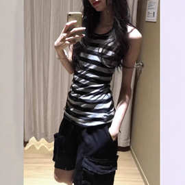 美式辣妹黑灰条纹挂脖背心女夏季外穿美背吊带修身松弛感无袖上衣