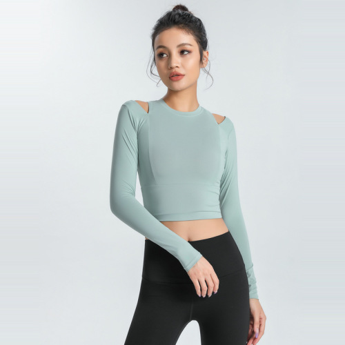 European and American navel-baring sports long-sleeved women's elastic slimming tights yoga clothes tops quick-drying T-shirts running fitness clothes