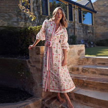 欧美跨境2025独立站速卖通亚马逊开衫休闲亚麻长款花朵系带连衣裙