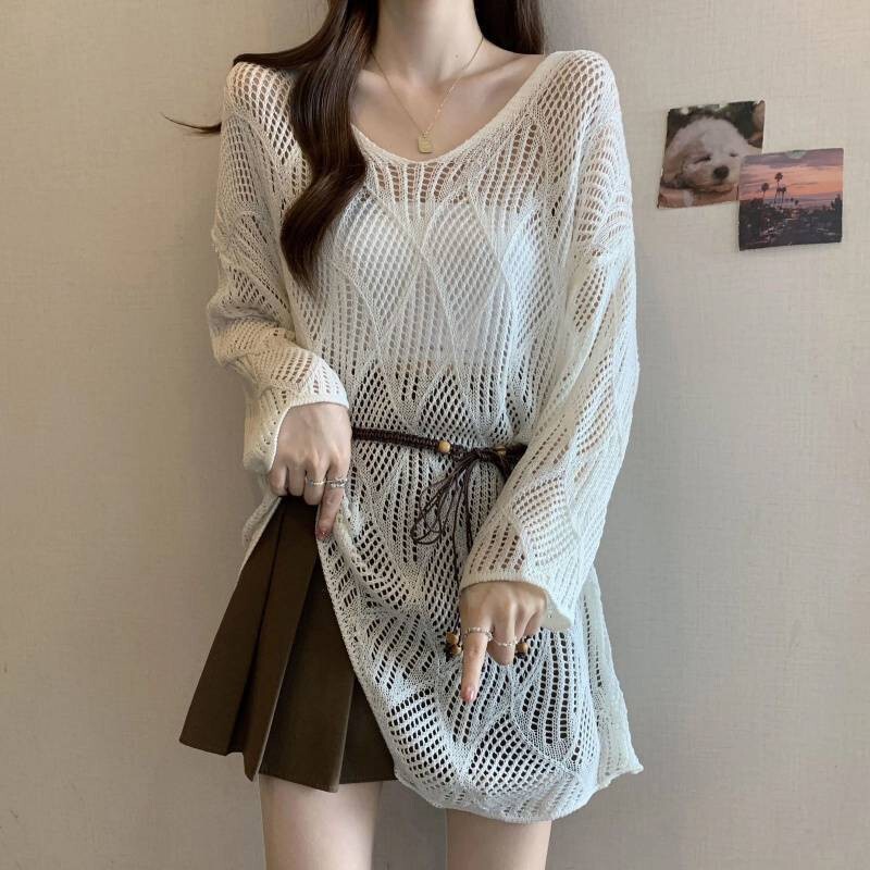 New Summer Style Solid Color Knitted Hollow-Out Blouse with Belt, Long-Sleeved Irregular Loose Top, Sun Protection, Off-The-Shoulder Style for Women New Summer Style Solid Color Knitted Hollow-Out Blouse with Belt, Long-Sleeved Irregular Loose Top, Sun Protection, Off-The-Shoulder Style for Women
