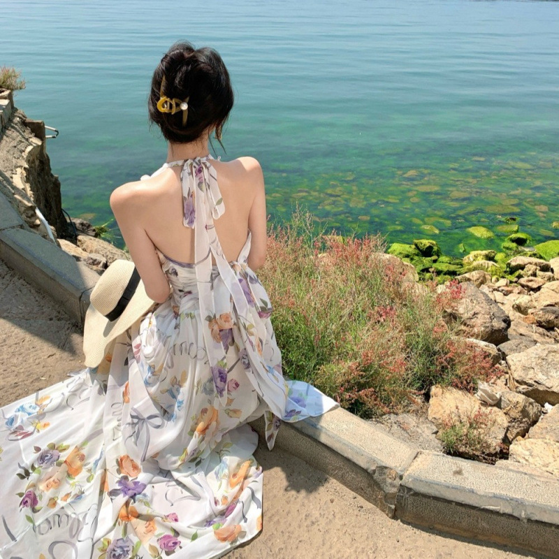 Vestido de cuello halter de viento suave para mujer 2025 verano falda larga de gasa floral falda sin espalda con volantes image 4