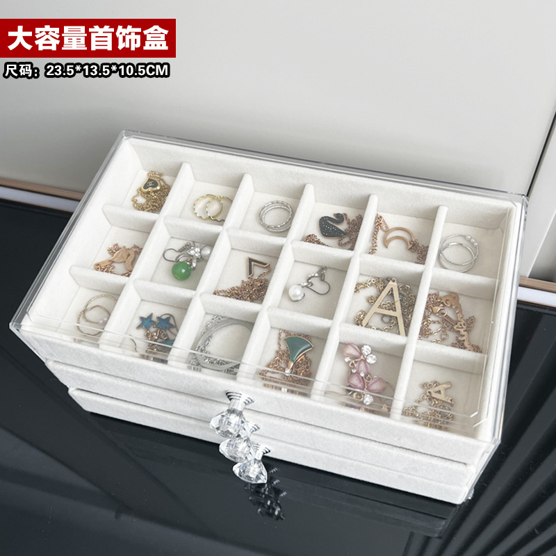 新款桌面首飾收納盒多層抽屜式首飾盒高檔防氧化絨布亞克力飾品盒