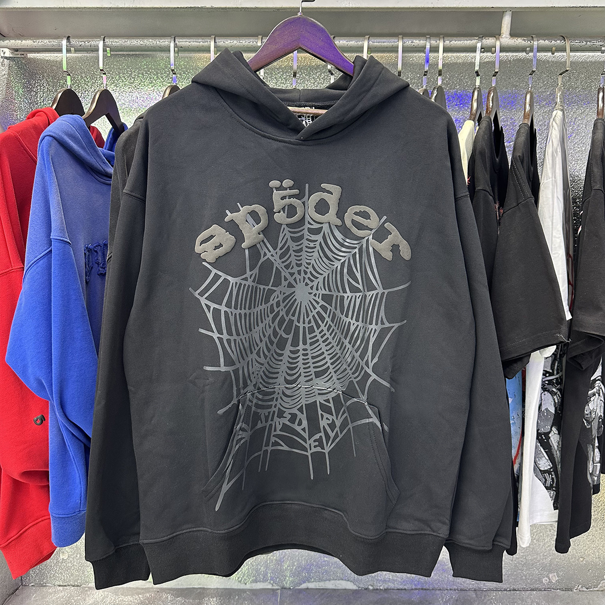 Sp5der cantante de hip hop europeo y americano mismo estilo carta de espuma 555555 impreso hombres y mujeres pareja suéter con capucha moda