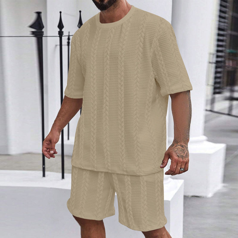 Men's Jacquard Knit Short Sleeve Tee And Shorts Set Solid Color Casual Summer Sport Outfit_viptrois.com