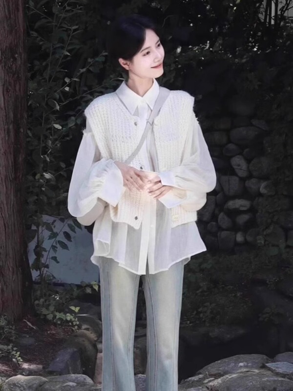 设计感短款灰色针织马甲女春秋复古外搭叠穿坎肩毛衣背心无袖上衣|undefined