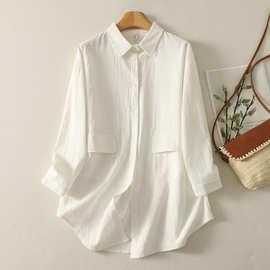 实拍 文艺宽松大版亚麻白衬衫中长款长袖纯色衬衣