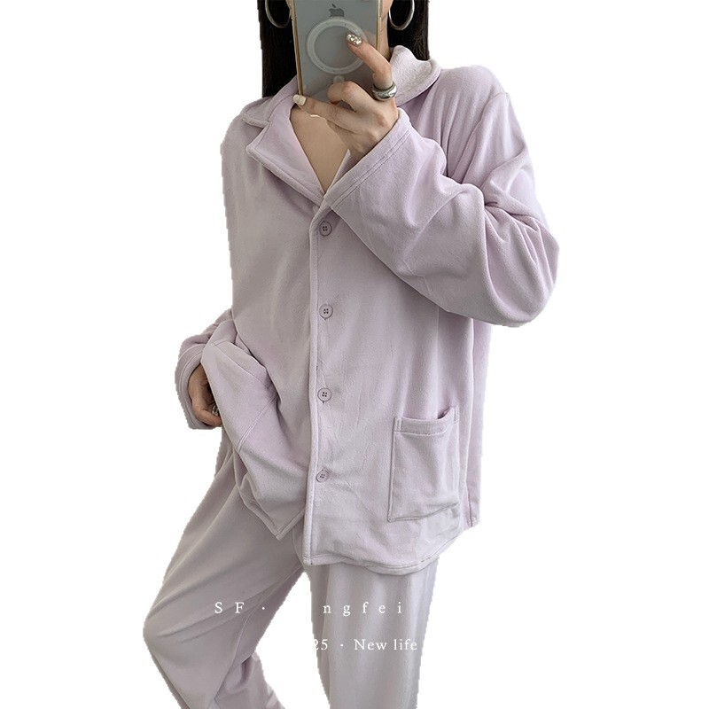 25松霏新款澳毛绒加绒加厚睡衣女 软糯宽松净版家居服翻领套装|undefined