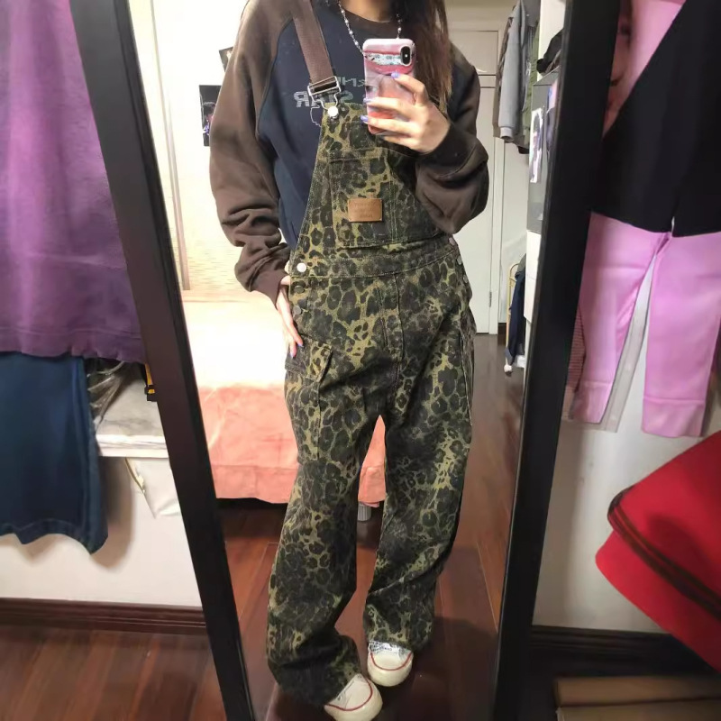美式复古豹纹背带裤女春季新款宽松直筒街头牛仔阔腿工装裤ins潮|undefined