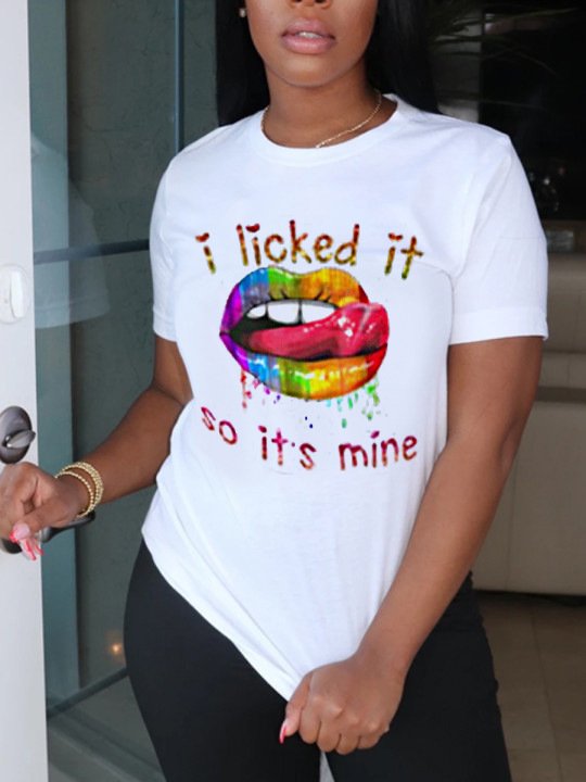 Printed Lips I LICKED IT Round Neck Short Sleeve Ladies T-shirt nihaostyles clothing wholesale NSZZF71002