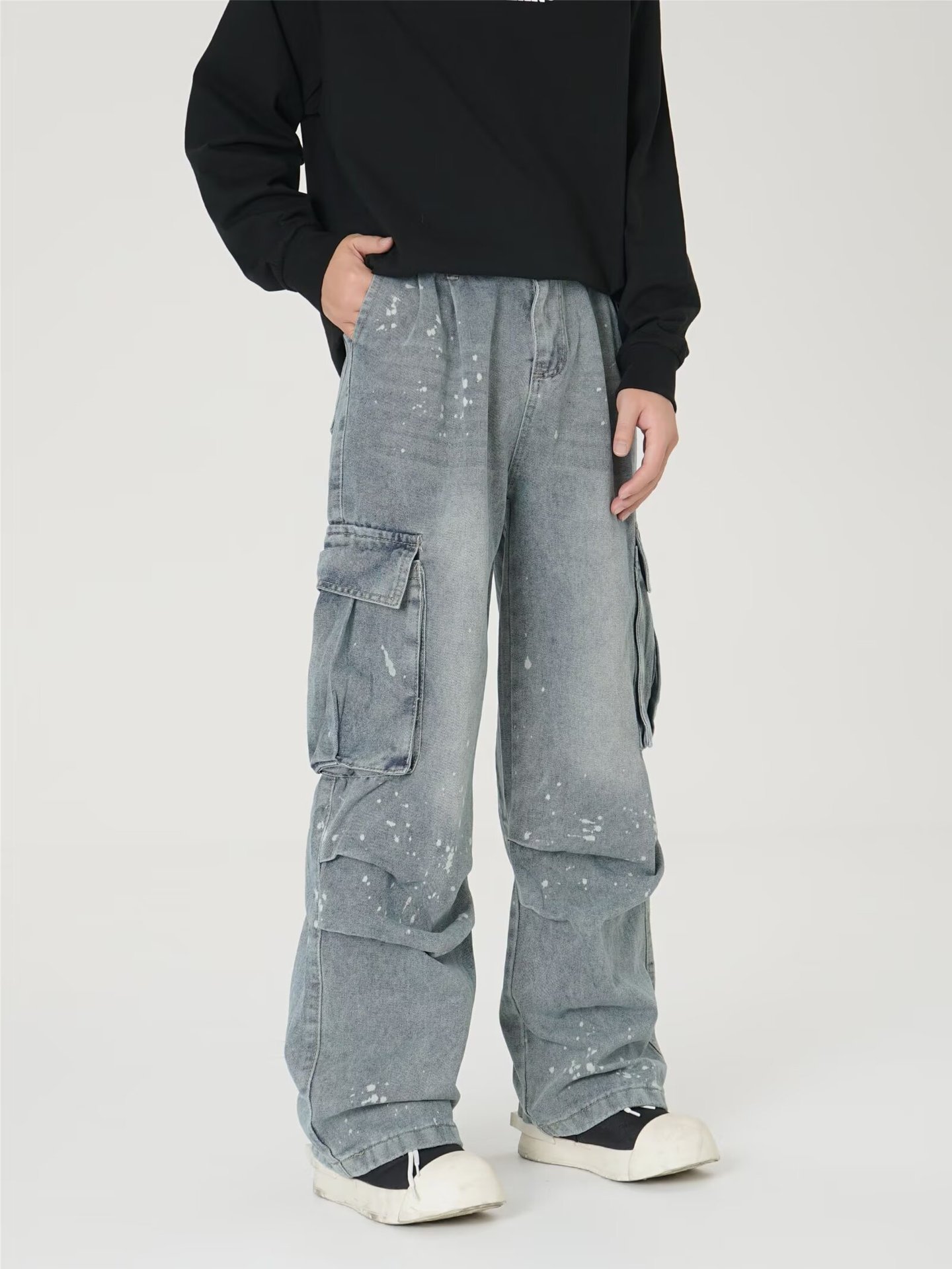 Vintage Cargo Jeans für Herren – Distressed Multi-Pocket Streetwear Hose mit Farbspritzern & Oversized Fit (S-XXXL) – Grunge Revival Essential_voghion.com