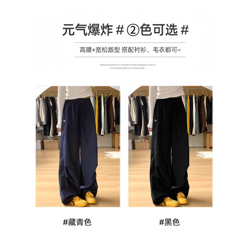 High Quality Navy Blue Cargo Pants for Women Summer 2025 Loose Straight Casual Quick-Drying Embroidered Wide Leg Pants for Women