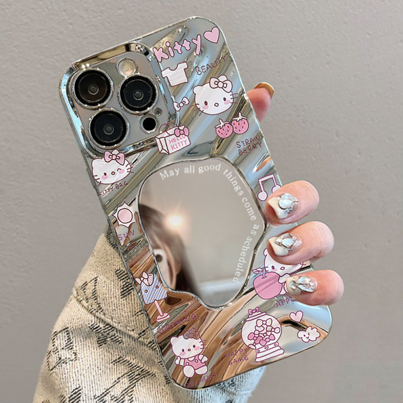 ウェーブミラー かわいい KT 猫 Apple 15promax 携帯電話ケース iPhone1121314 女性 8plusxrxs|undefined