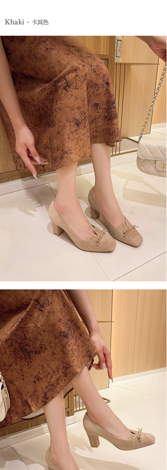 Giày cao gót nữ mũi vuông gót dày 6–8 cm thiết kế thanh lịch có nơ — màu kaki, màu nâu, rượu vang đỏ chi tiết 6