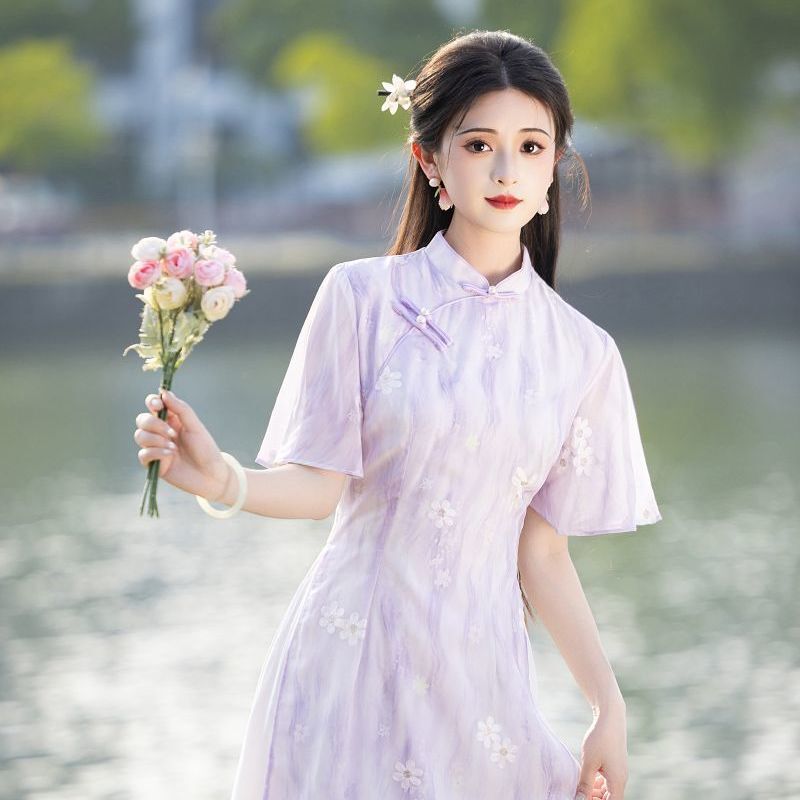 新鮮でエレガントなオードチャイナドレス2025新しい夏のライトブルー改良された若い女性の新しい中国ドレス|undefined