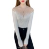 Hot diamond mesh hollowed out knitted sweater for women's long sleeved sweater slim fit base sweater