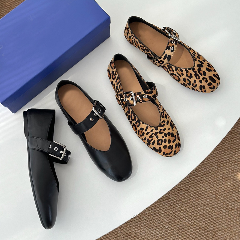 Comfortable Leopard Print French Flat Mary Jane Shoes for Women, Summer Outer Wear, Retro One-Line Buckle Strap Shallow Mouth Ballet Shoes