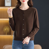 气质羊毛2025春秋新款钉珠花朵针织开衫女洋气100%羊毛百搭上衣，女装针织衫/毛衣，妃慕昵服饰