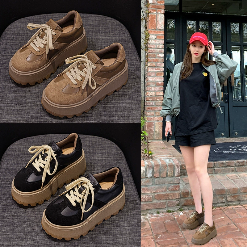 Женские кроссовки на толстой подошве с внутренним увеличением роста, 2025 новая модель из матовой кожи, ретро стиль, повседневная мода, спортивные кроссовки для студенток