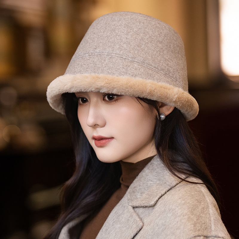 日系简约加绒加厚渔夫帽女秋冬休闲百搭毛绒帽显脸小防风保暖盆帽|undefined