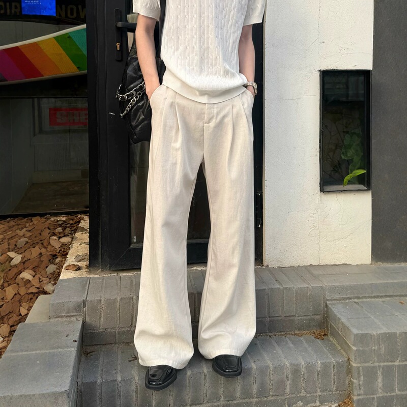 Tencel Blend White Linen Pants for Men, Summer Style, Old Money Vibe, Straight Wide-Leg Trousers, Curved Cut Dress Pants