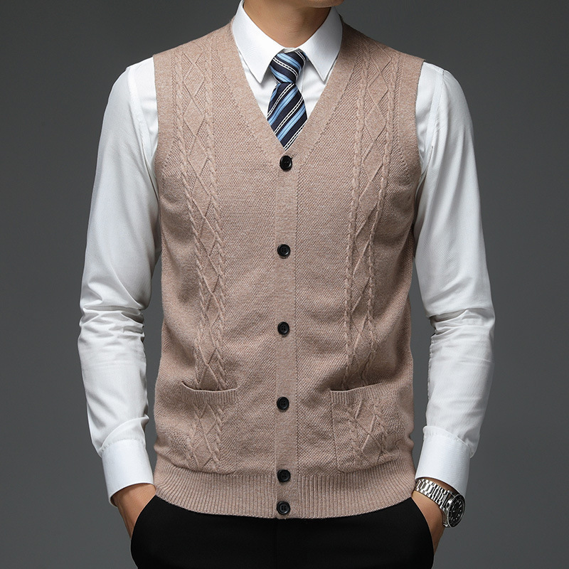 Brand Autumn and Winter Men's New Men's Wool Vest Middle-aged Waistcoat Casual V-neck Knitwear Thickened Warm Cardigan Brand Autumn and Winter Men's New Men's Wool Vest Middle-aged Waistcoat Casual V-neck Knitwear Thickened Warm Cardigan