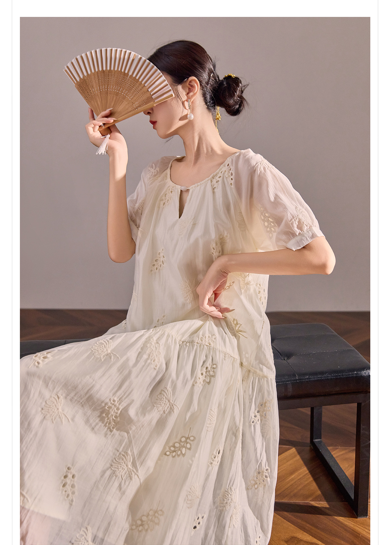 Váy maxi dáng rộng phong cách Trung Hoa mới cao cấp mùa hè chất Tencel cho người dáng nhỏ — Màu trắng nhạt chi tiết 5