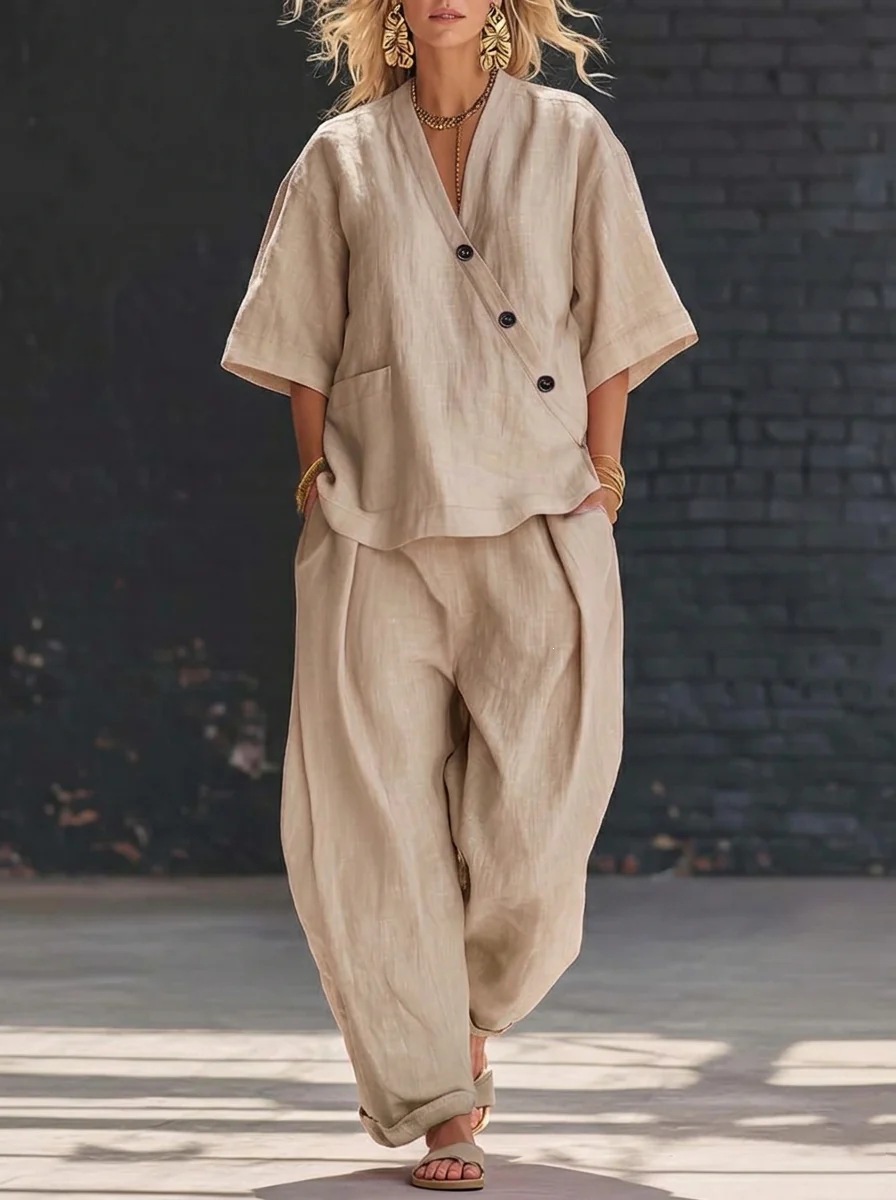Women's Clothing Women's Solid Color Summer Set V Neck Short Sleeve Top And High Waisted Trousers Two Piece Style Clothing_ecoleips.com