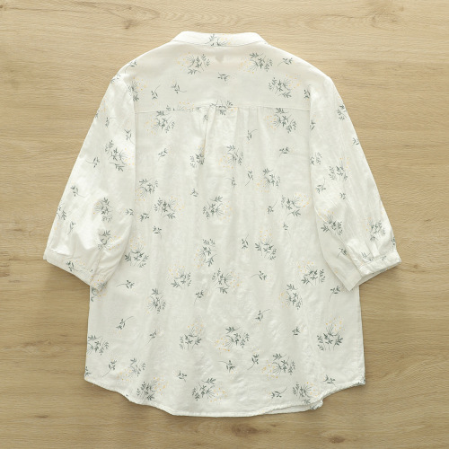 New Short-Sleeve Shirt with Double-layer Cotton Fabric, Fresh and Sweet V-Neck, Small Floral and Polka Dot Pure Cotton Blouse for Women